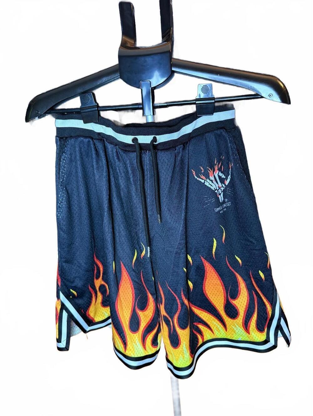 Mens Black Basketball Shorts with Flame Print sz M Rock and Roll vintage